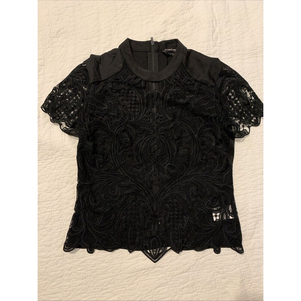 bebe womens tops Short Sleeve Lace semi sheer black Size S